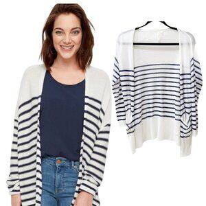 Dee&Ray Open Front Pocketed White Blue Stripe Soft Knit Cardigan, Size XS